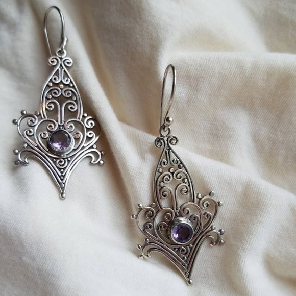 NEW Amethyst & Sterling Silver Filigree Boho Earrings Handmade Dangle Statement - Picture 6 of 7